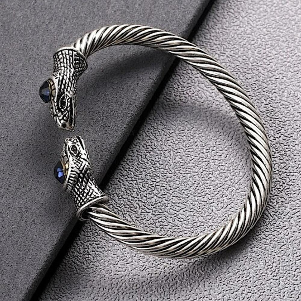 STERLING SILVER PLATED SNAKE HEAD DRAGON VIKING SAPPHIRE STONE BANGLE BRACELET